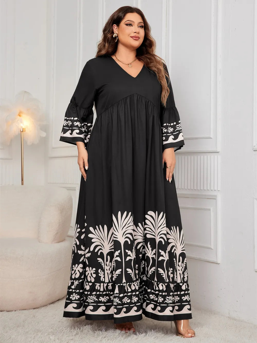 Printed V-Neck Long-Sleeve Maxi Dress in Black, Plus Size