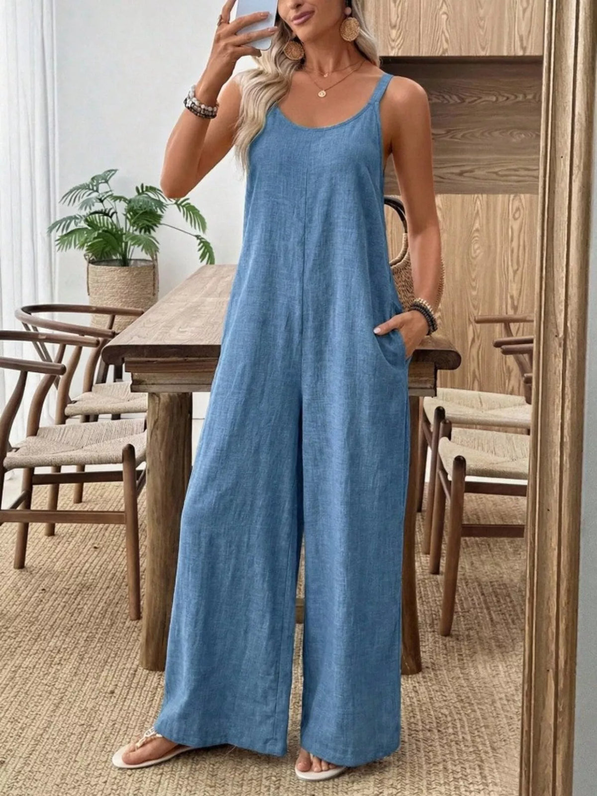 Spaghetti Strap Wide Leg Jumpsuit in Dusty Blue