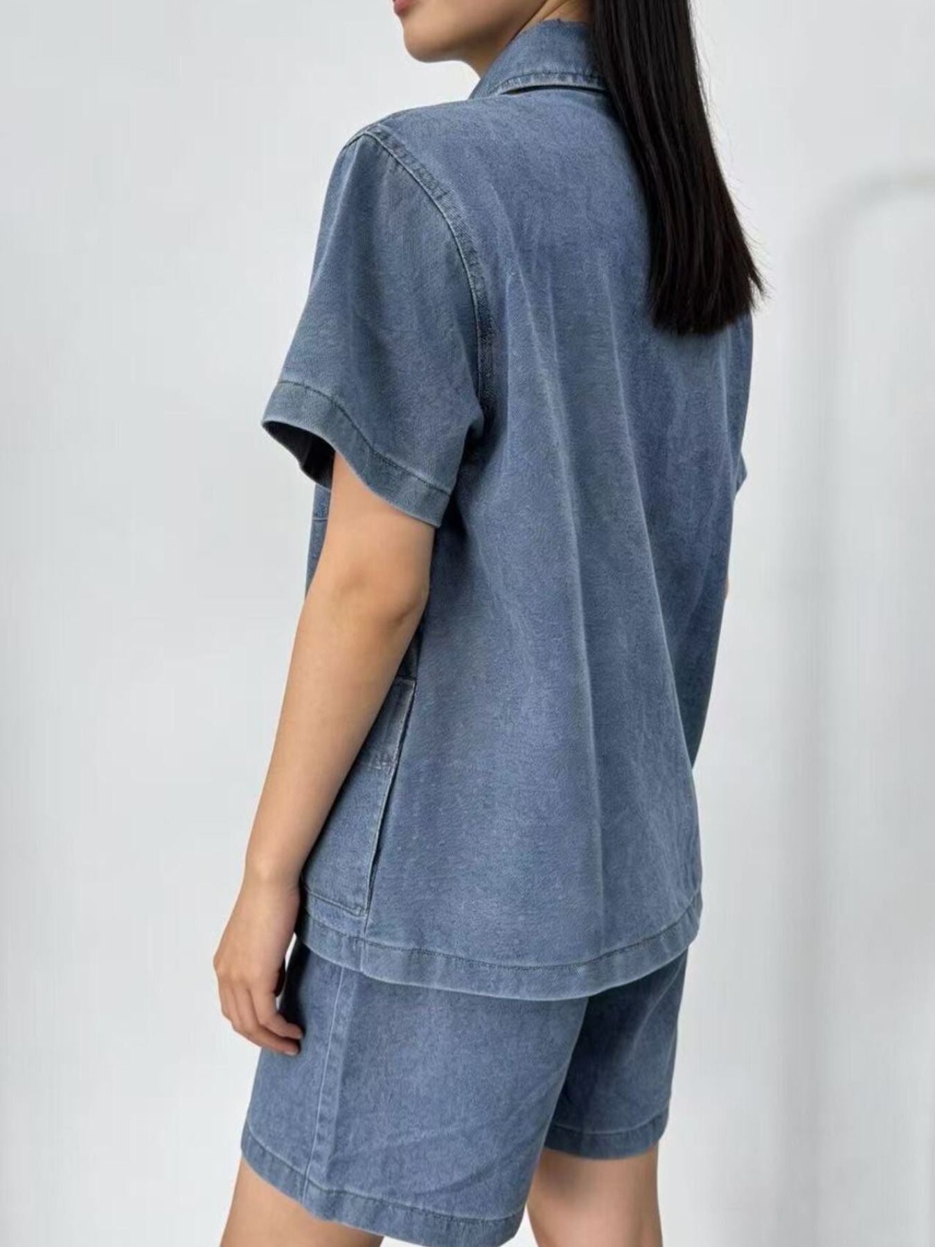 Button Up Short Sleeve Top and Shorts Denim Set by Dreamy Drapes