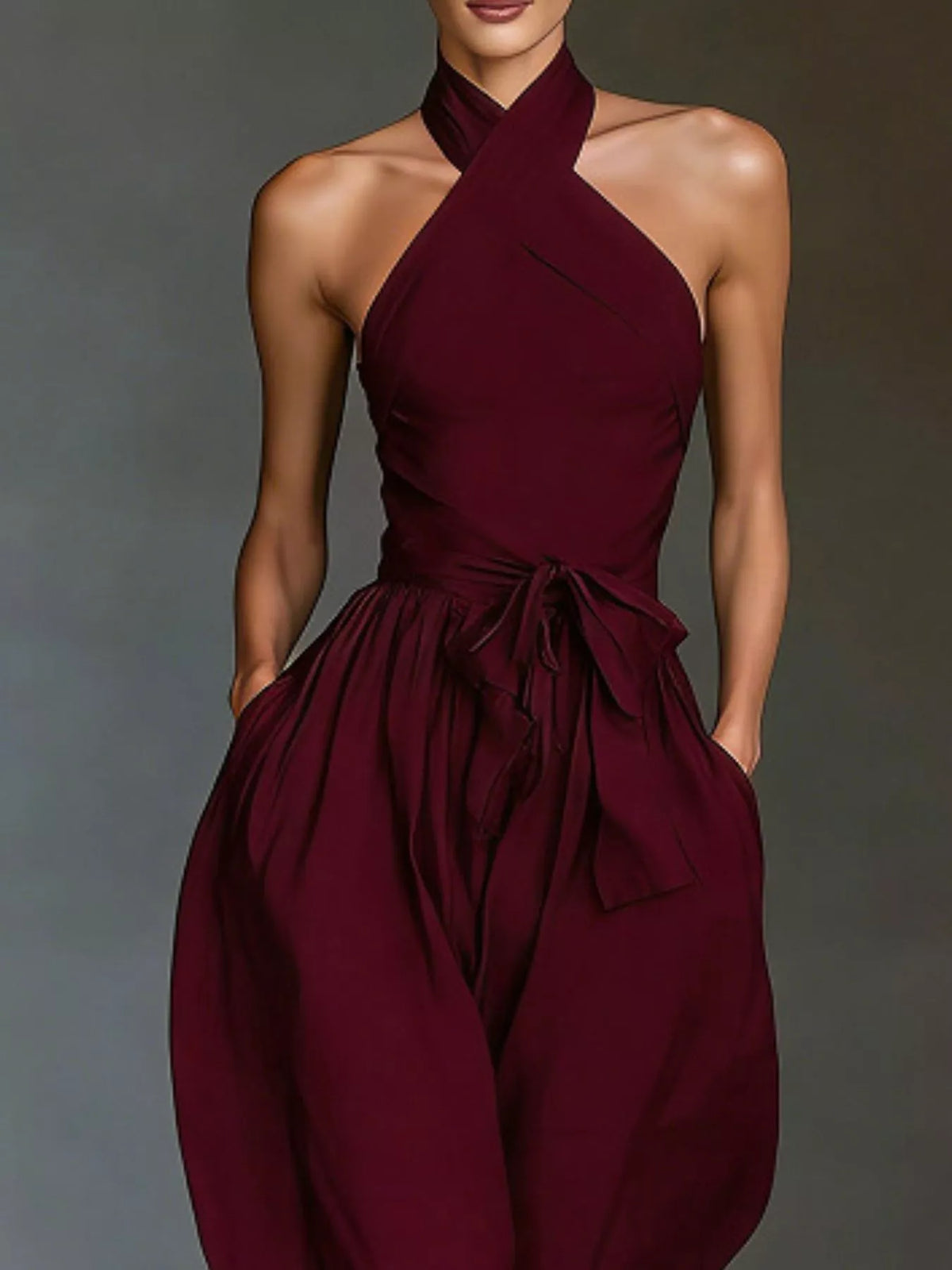 Halter Neck Wide-Leg Jumpsuit with Waist-Tie Detail