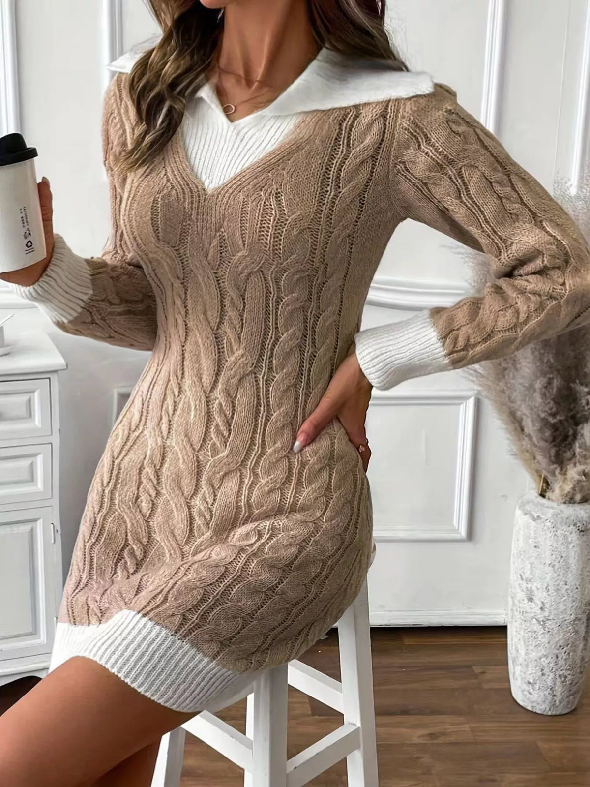 Cable Knit Sweater Dress in Khaki