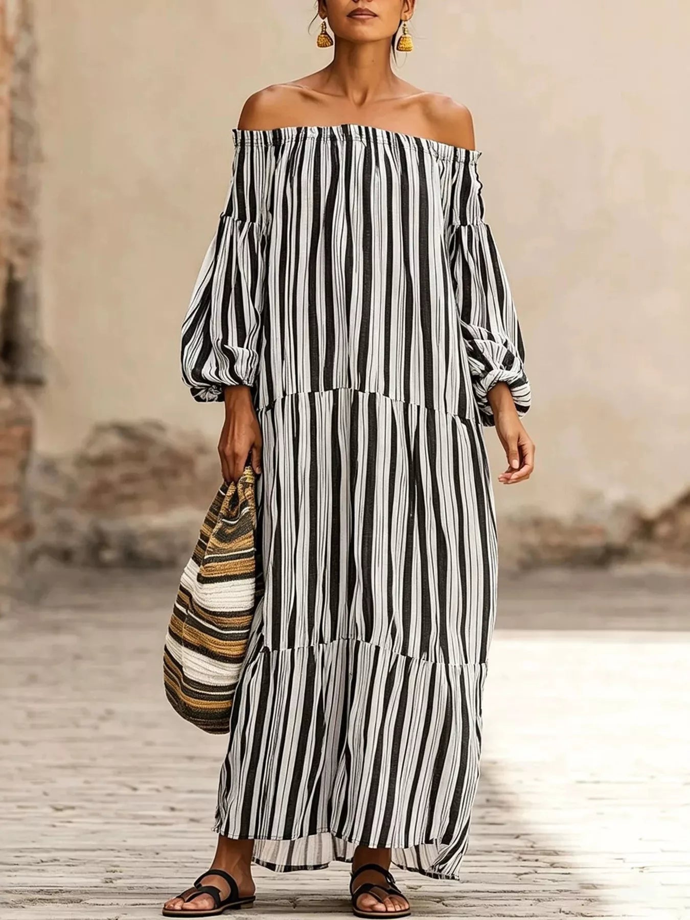 Striped Off-Shoulder Maxi Dress