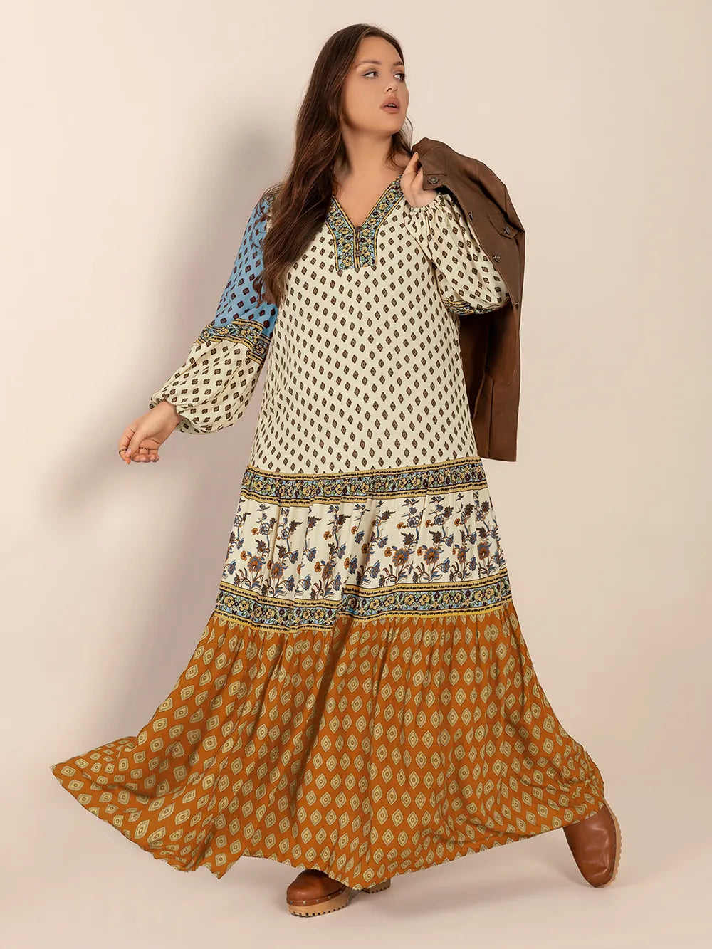Printed V-Neck Balloon Sleeve Maxi Dress in Camel