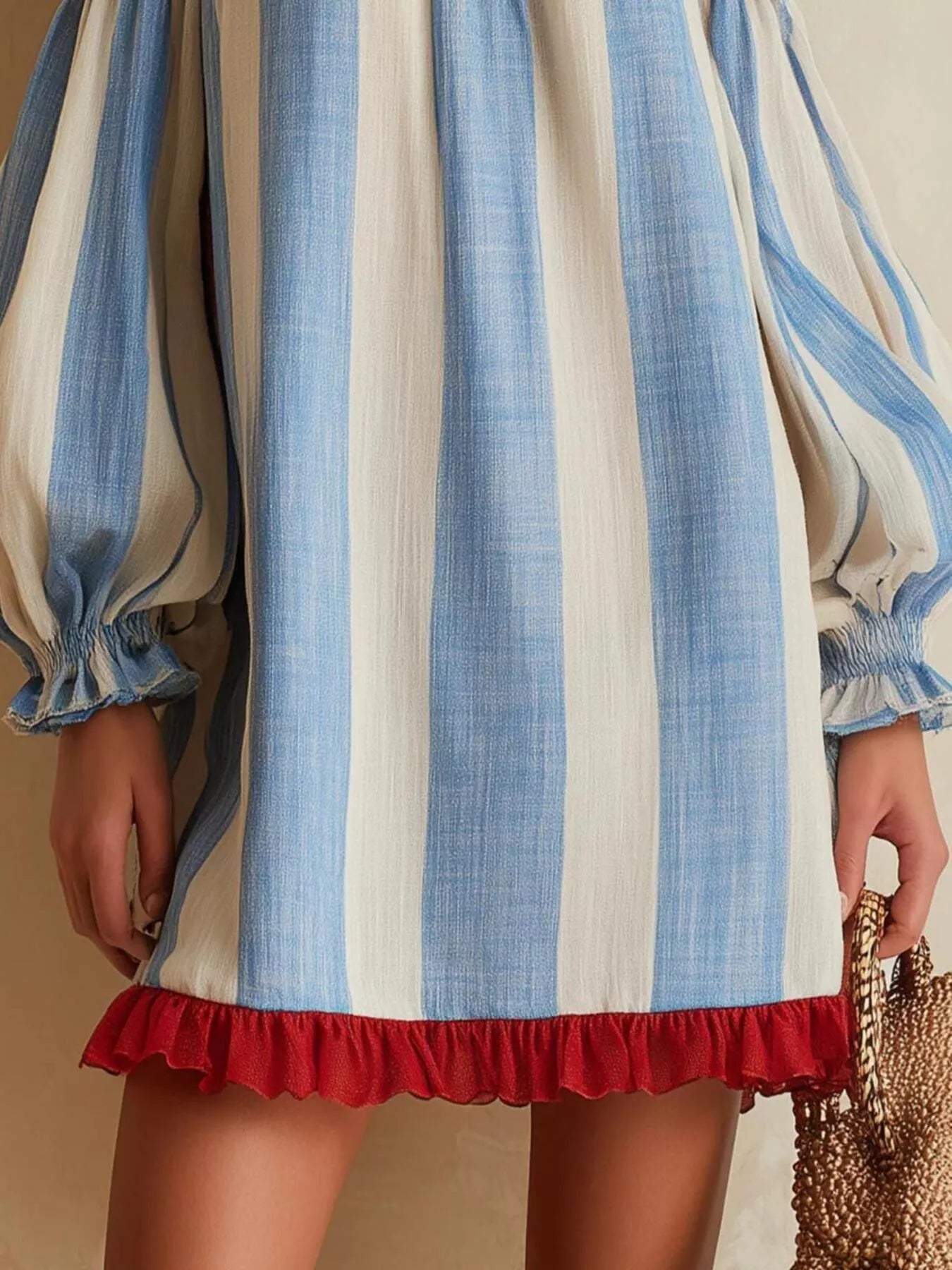 Striped Off-Shoulder Ruffle-Hem Mini Dress in Sky Blue