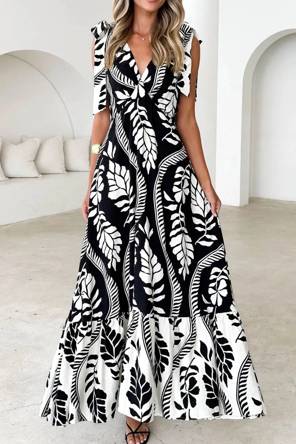 Printed Tie-Shoulder Ruched V-Neck Midi Dress
