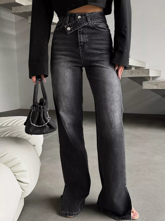 High-Waisted Slit Hem Jeans in Black by Lone Star Lady