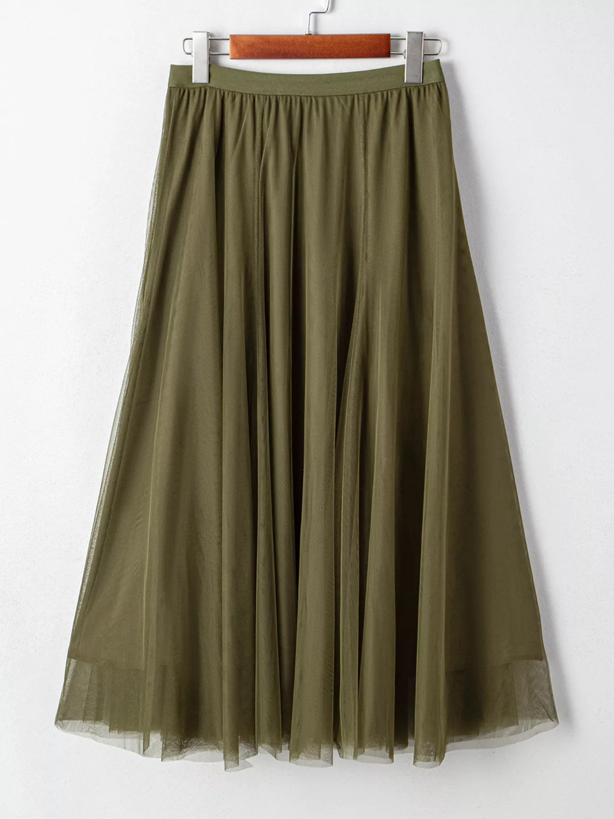Tulle A-Line Midi Skirt in Army Green