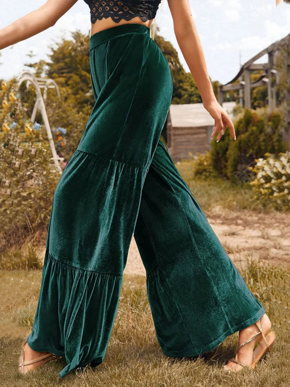 Ruched Velvet Wide-Leg Pants