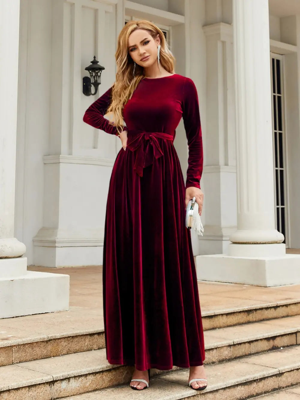 Tie-Front Round-Neck Long-Sleeve Maxi Dress