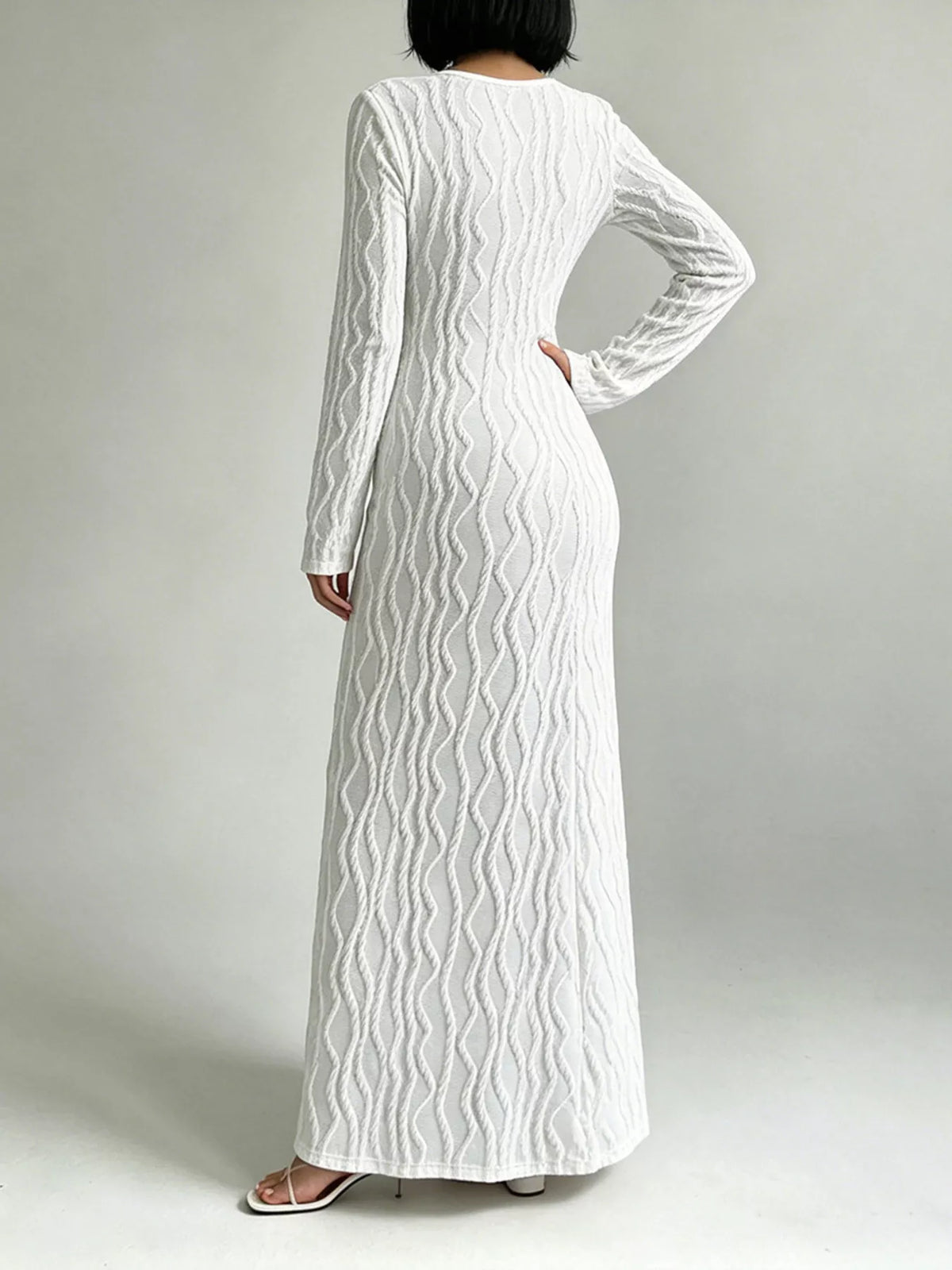 Ribbed Cutout Long Sleeve Maxi Dress in White
