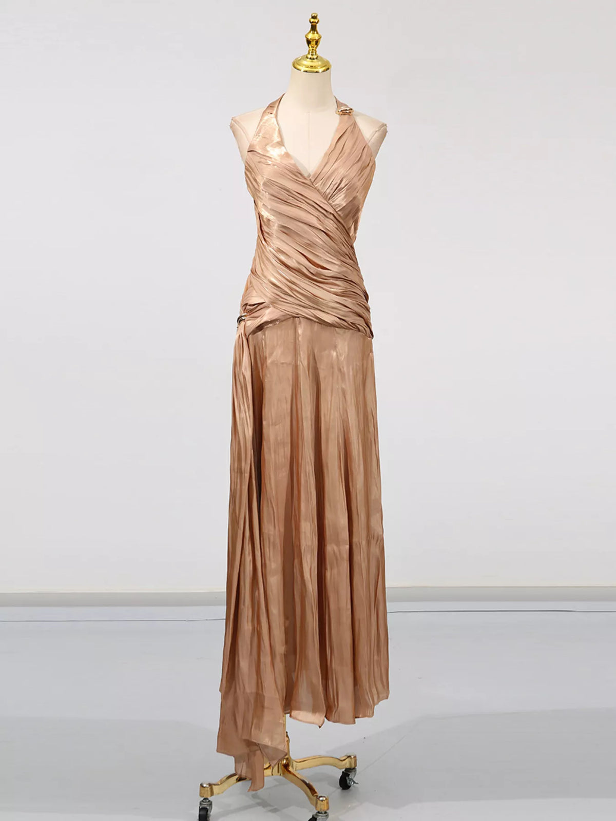 Ruched Halter Maxi Dress in Champagne