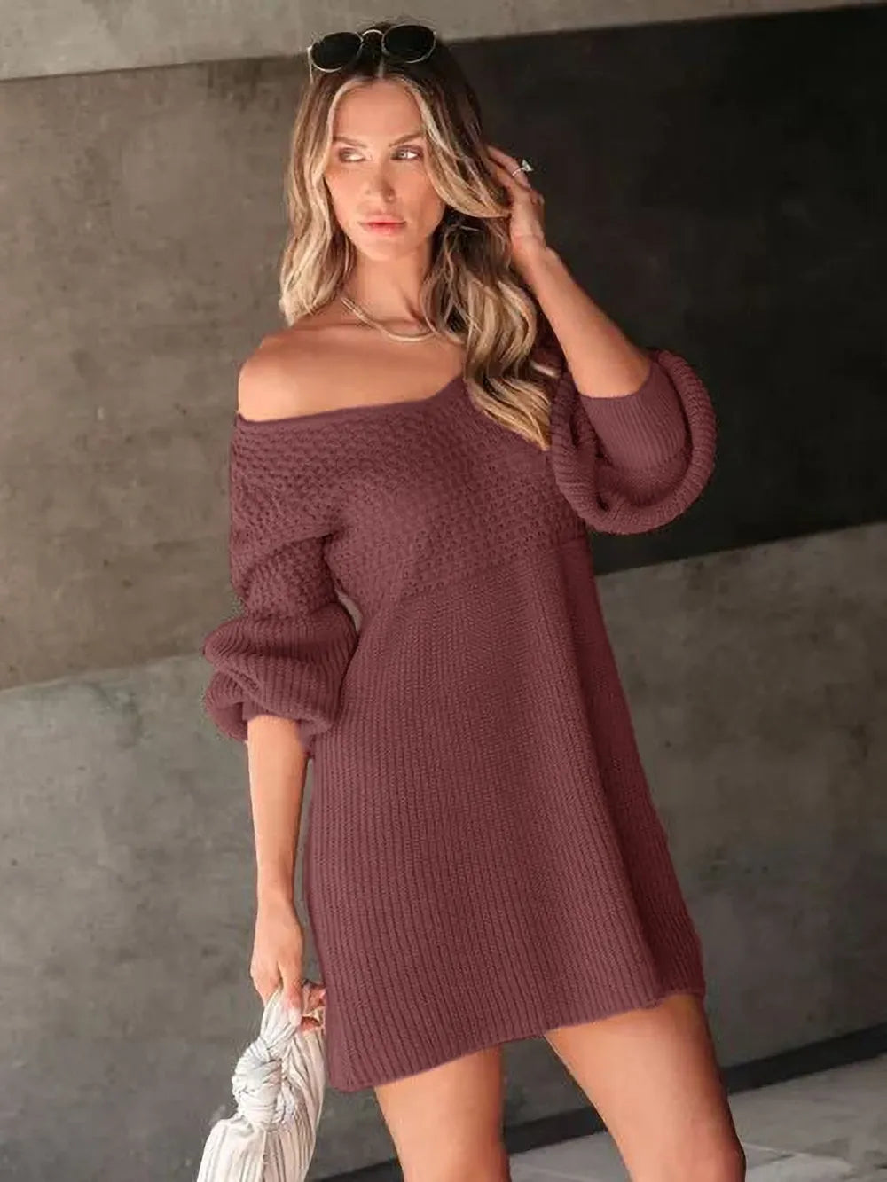 V-Neck Long Sleeve Sweater Dress in Burgundy