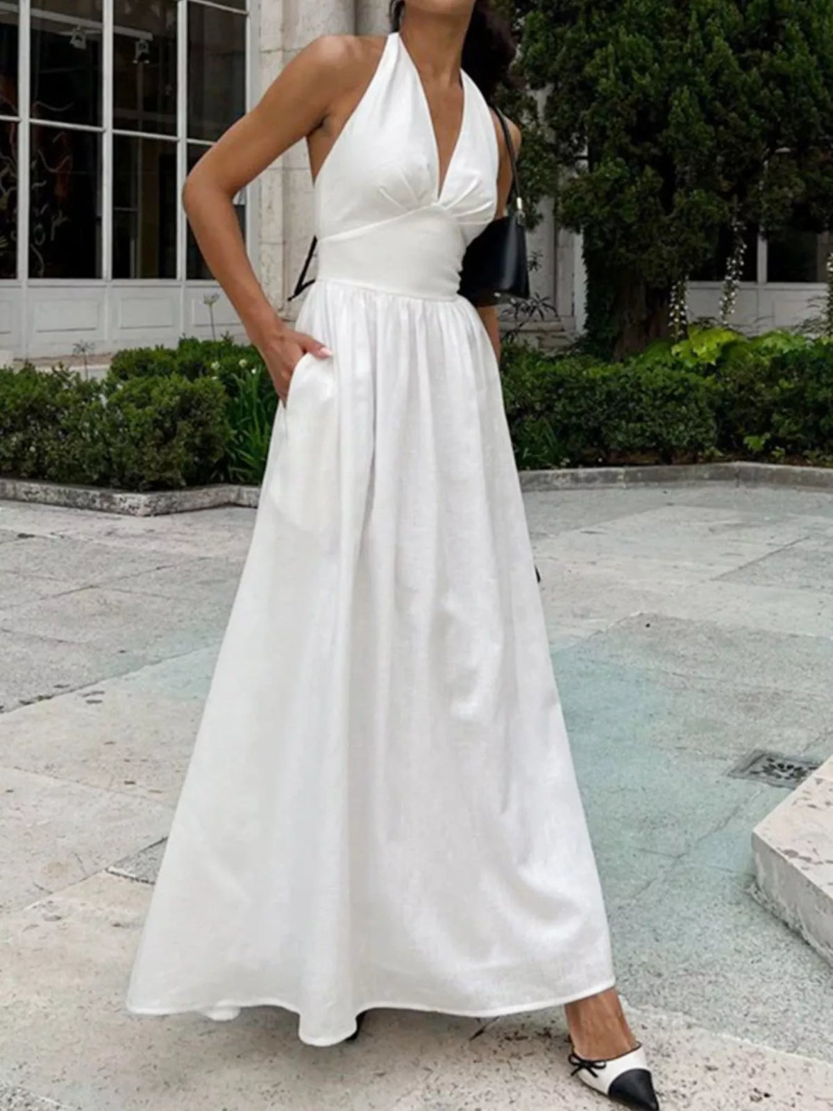 Halter Neck Flowy Maxi Dress in White by Calliope