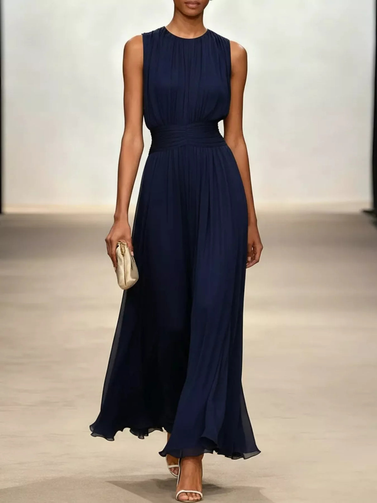 Sleeveless Ruched Chiffon Maxi Dress