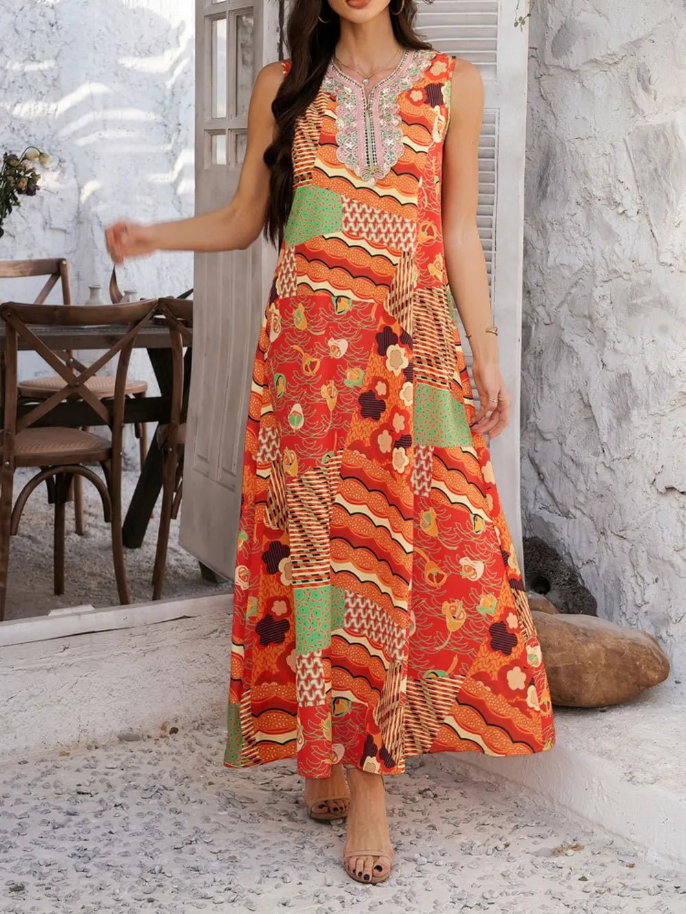 Printed Sleeveless Maxi Dress with Pockets