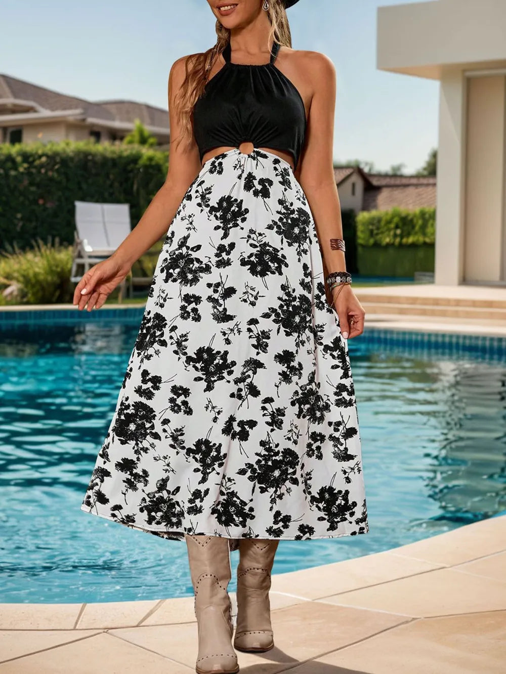 Backless Halter Neck Midi Dress in Black