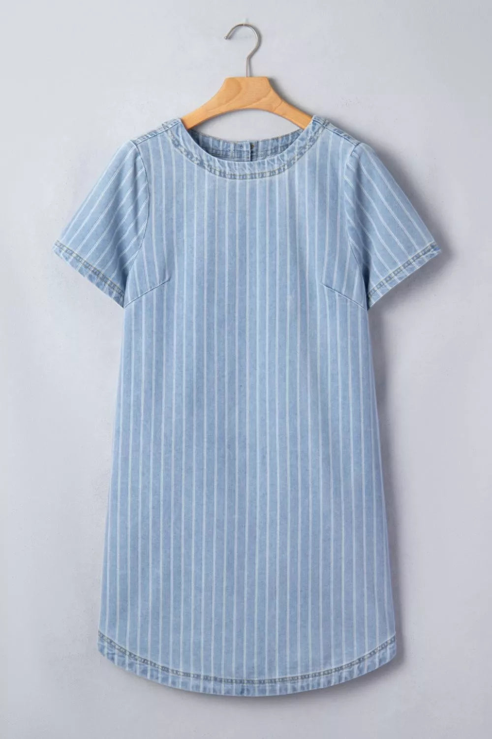 Striped Buttoned-Back Denim Mini Dress in Light Blue