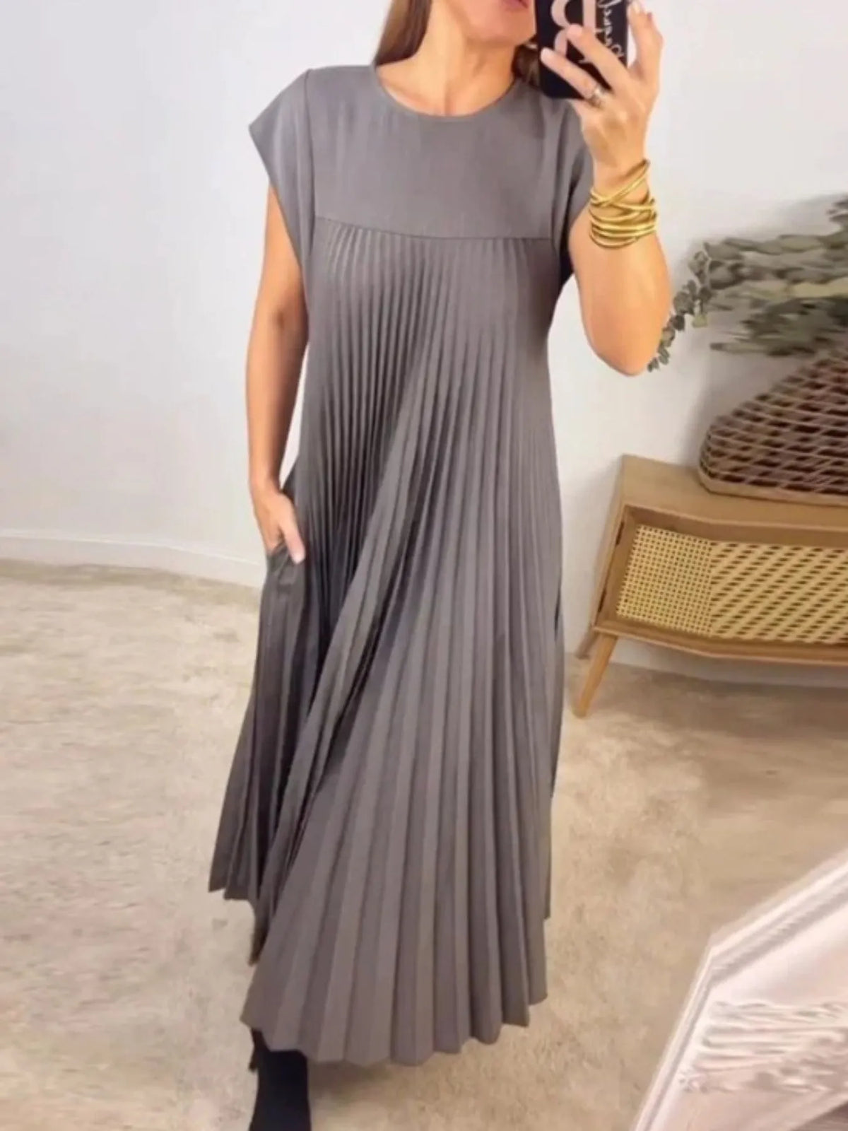Pleated Round-Neck Maxi Dress with Pockets, Plus Size by Rosaline