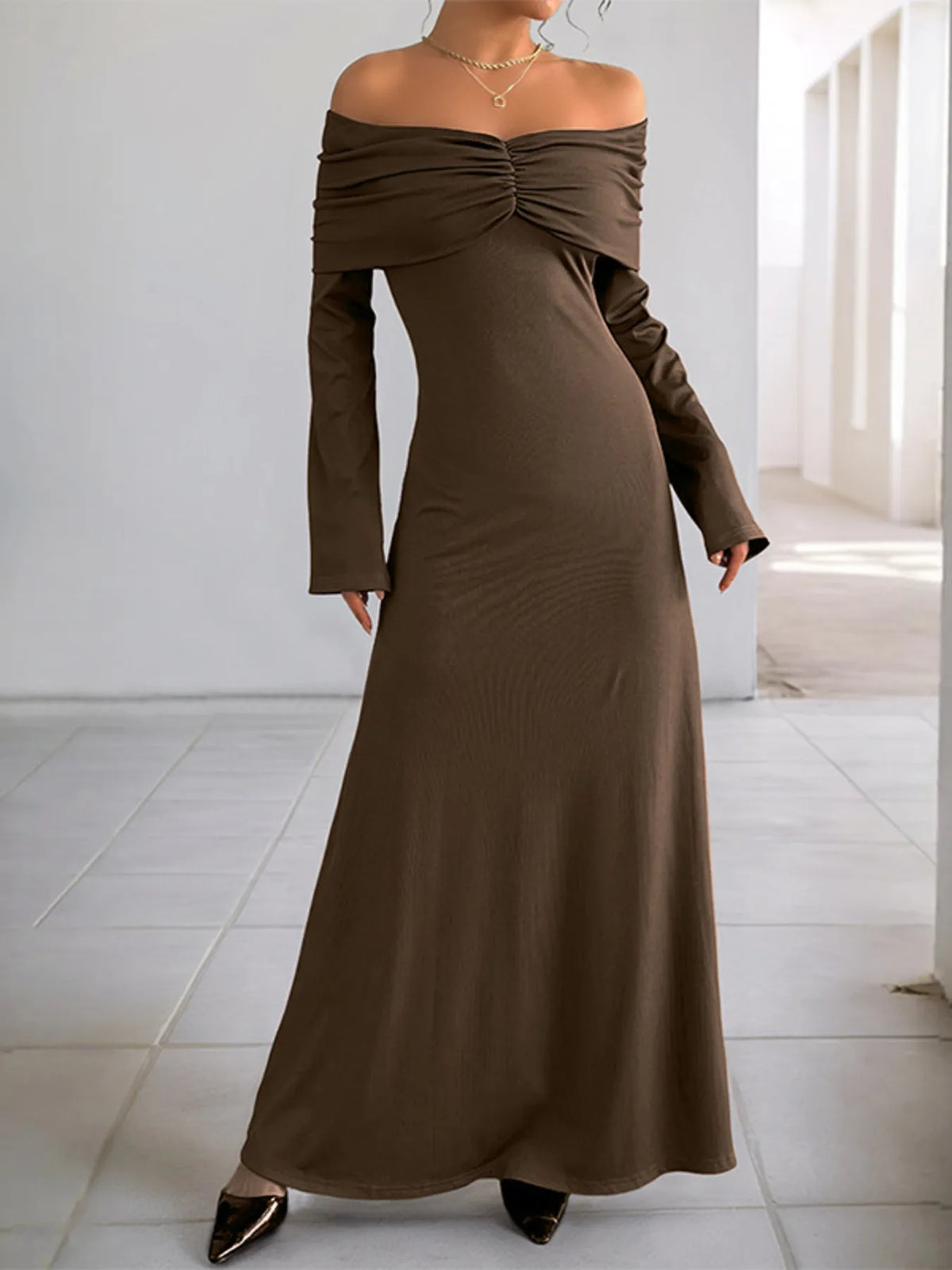 Off-Shoulder Ruched Bodycon Maxi Dress in Coffee Brown