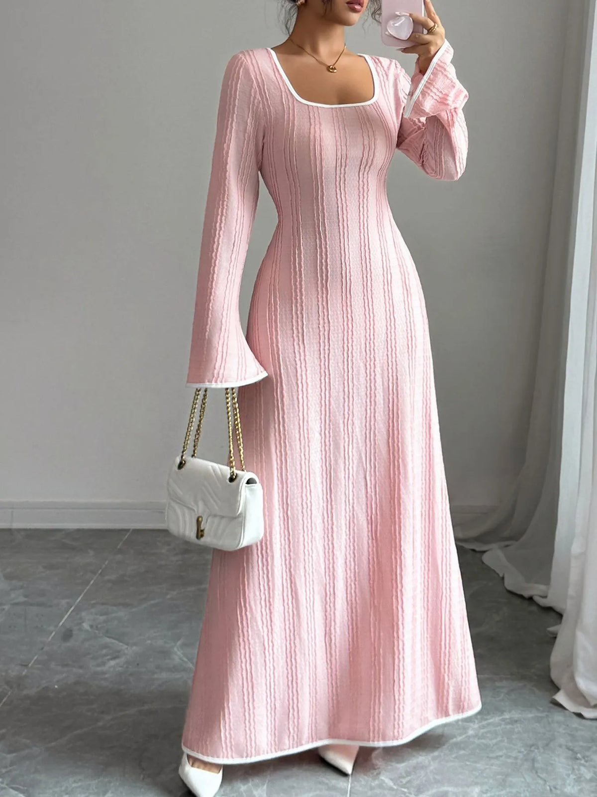 Textured Square-Neck Long-Sleeve Maxi Dress in Blush Pink