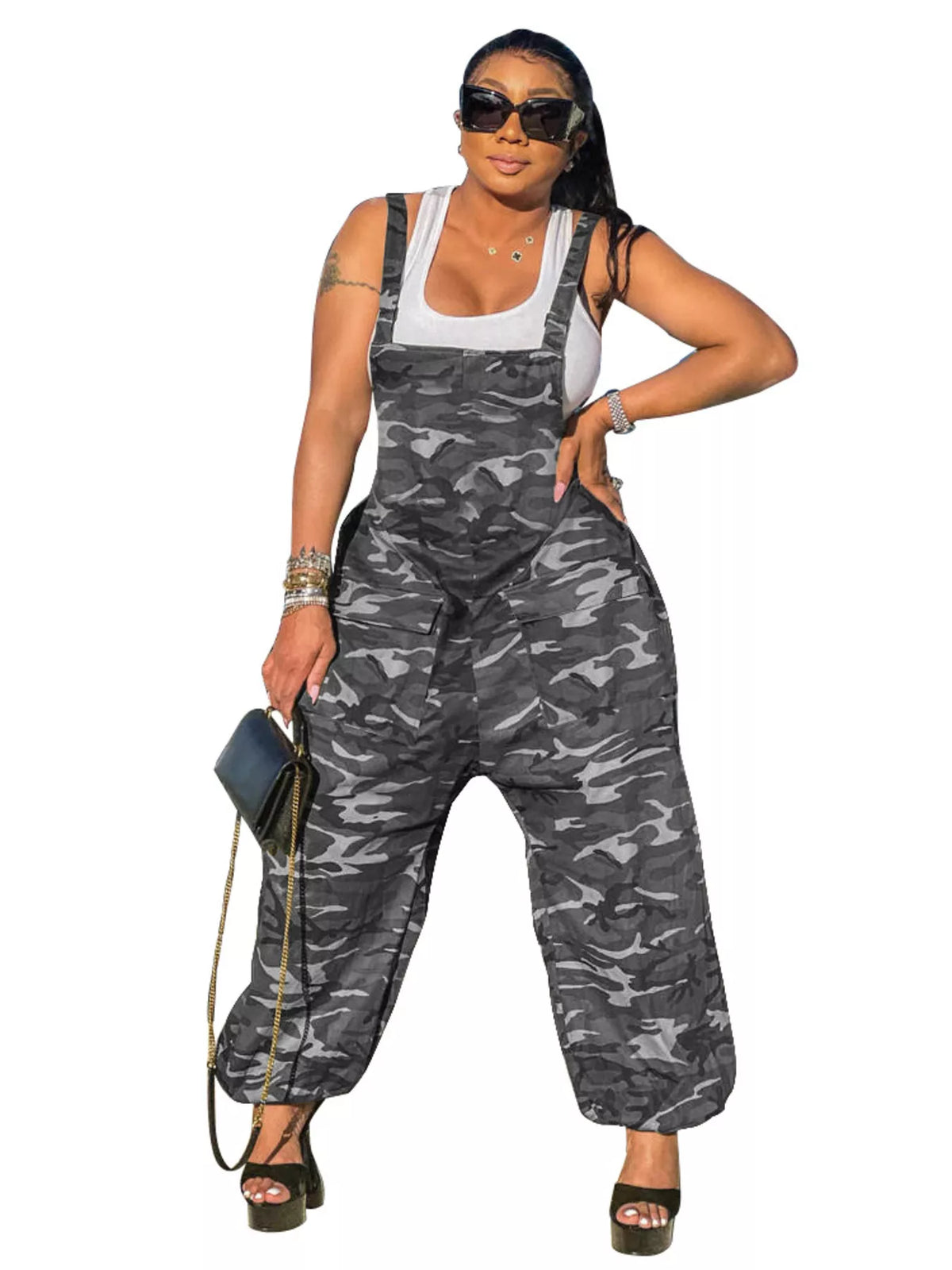 Square Neck Overalls in Gray Camouflage