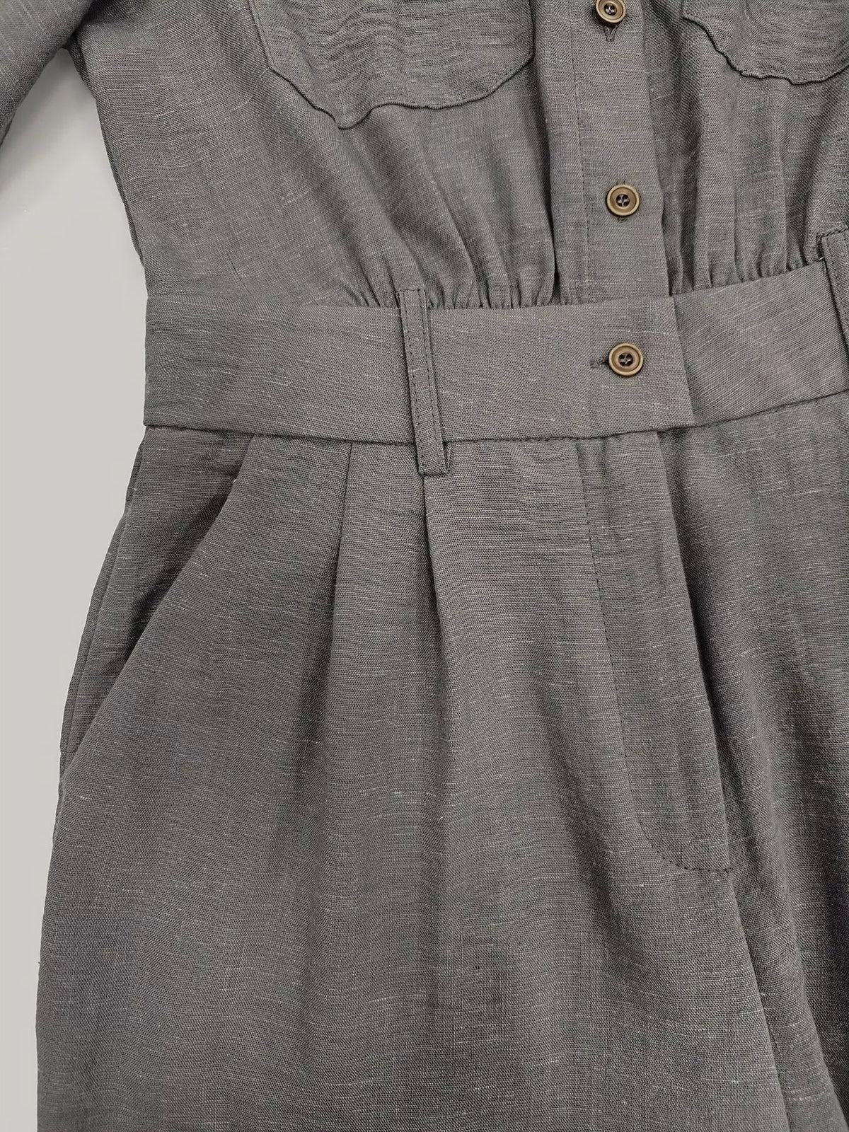 Button Front Long-Sleeve Jumpsuit in Gray