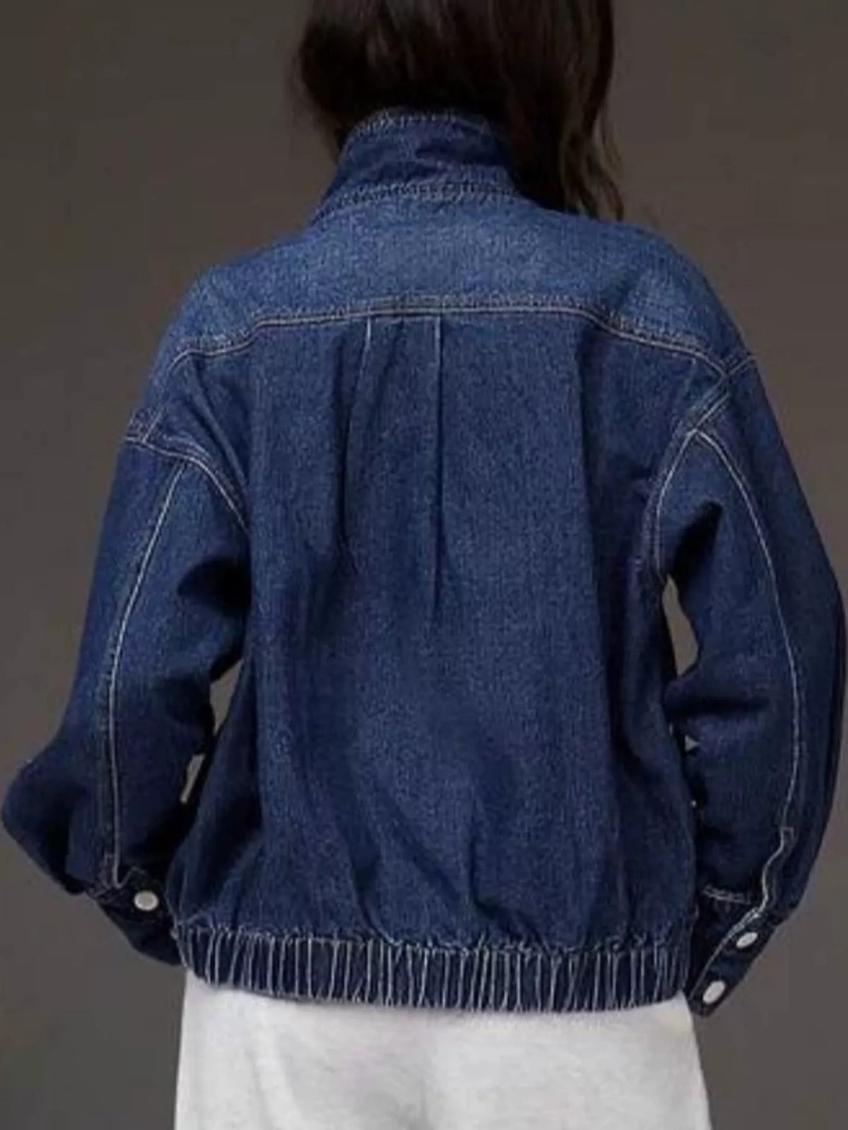 Stand-Collar Zip-Up Denim Jacket