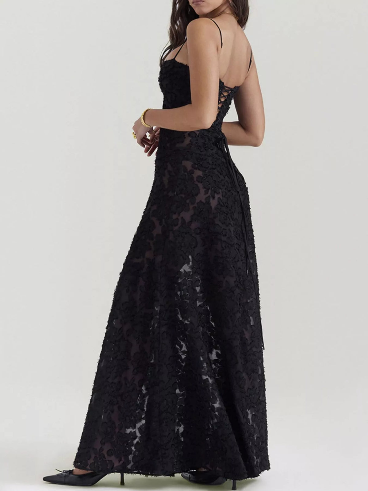 Lace-Up Spaghetti Strap Maxi Dress in Black by Elegant Elements