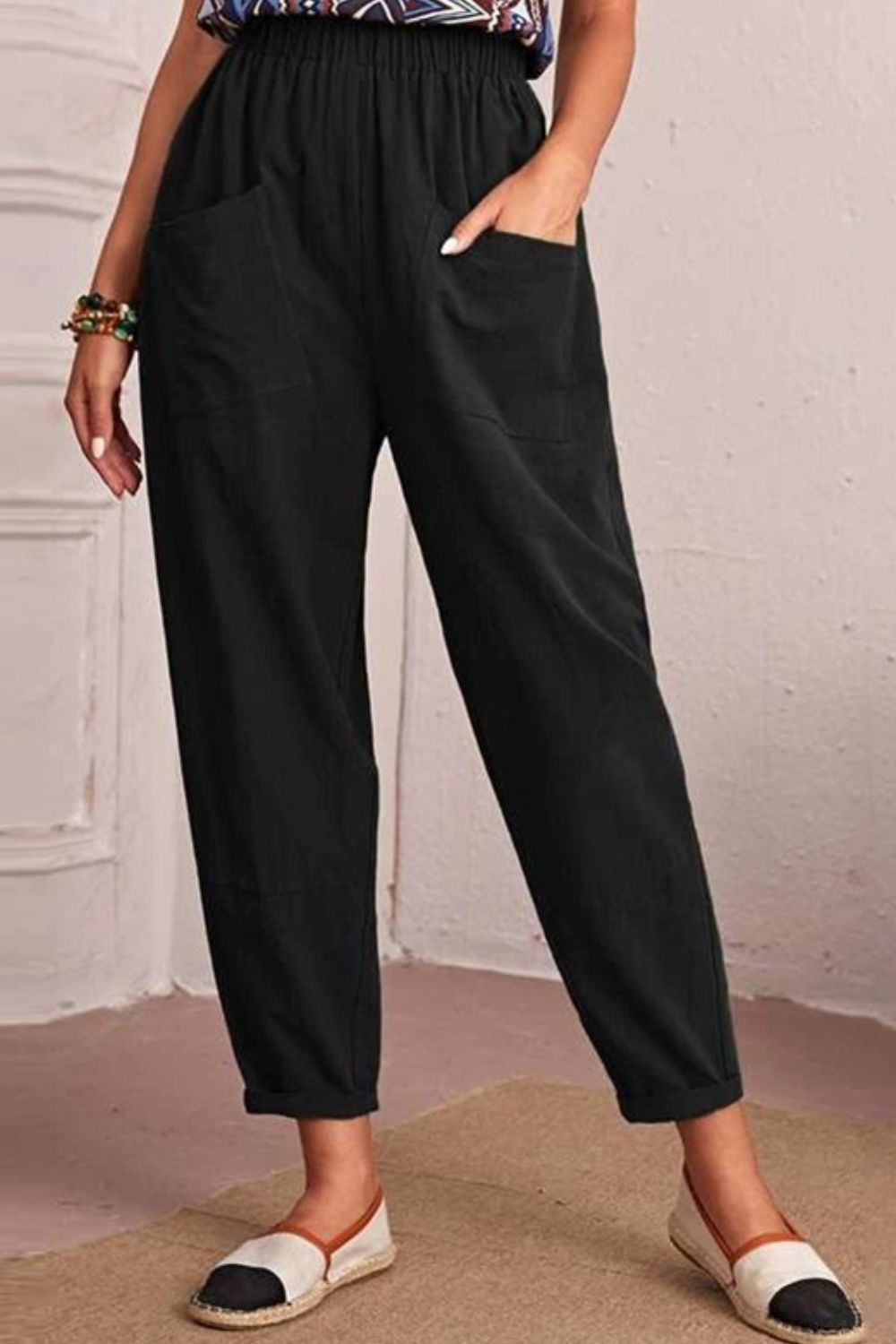Elastic Waist Tapered Pants with Pockets