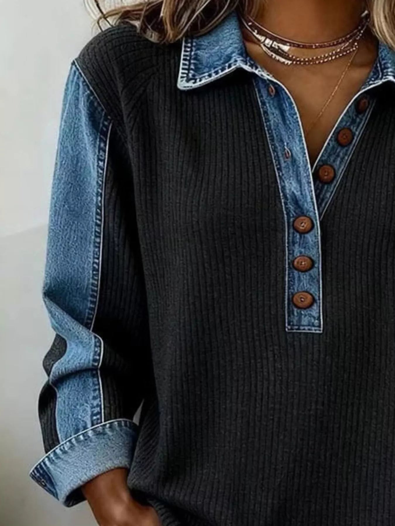 Denim-Trim Button Detail Sweatshirt