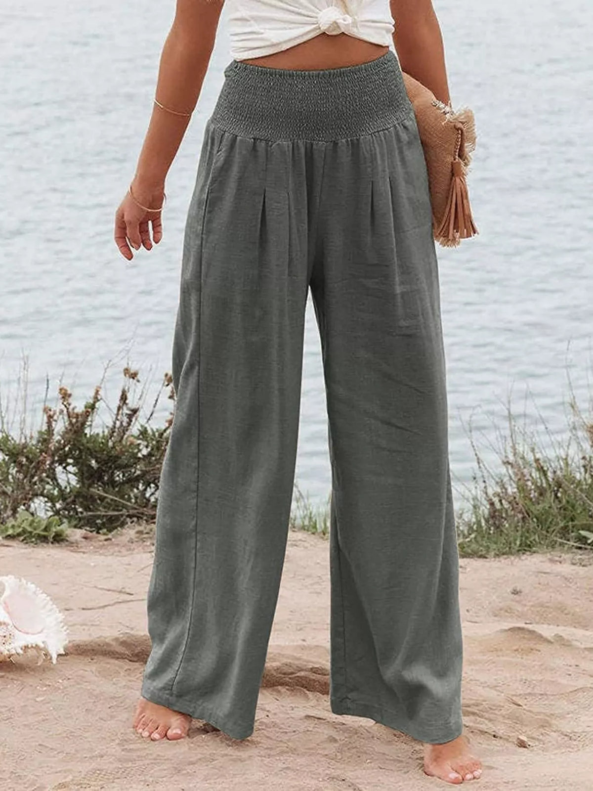 Smocked High-Waisted Wide Leg Pants