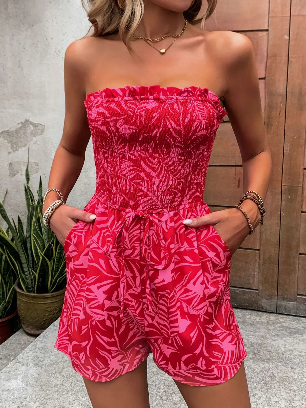 Smocked Tube Romper with Pockets in Strawberry