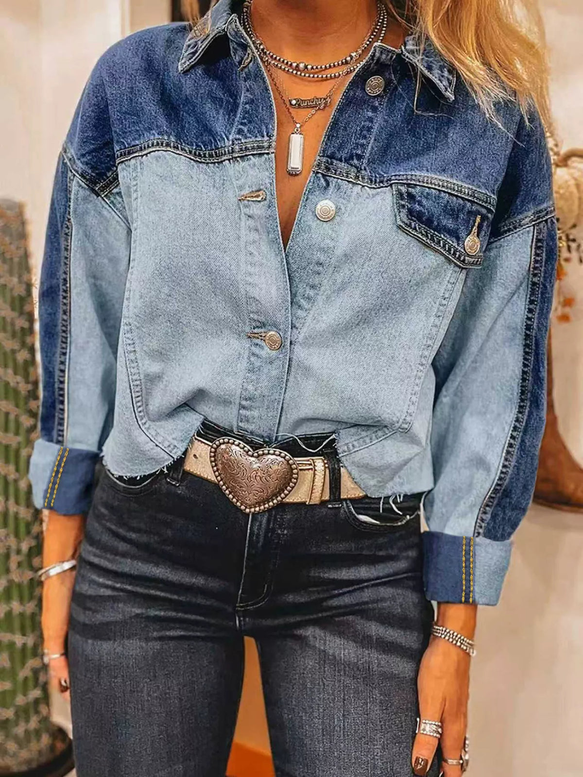 Raw Hem Two-Tone Denim Jacket in Blue