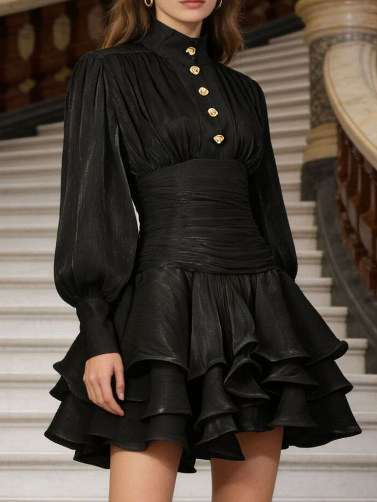 Ruffled Tiered Lantern Sleeve Mini Dress