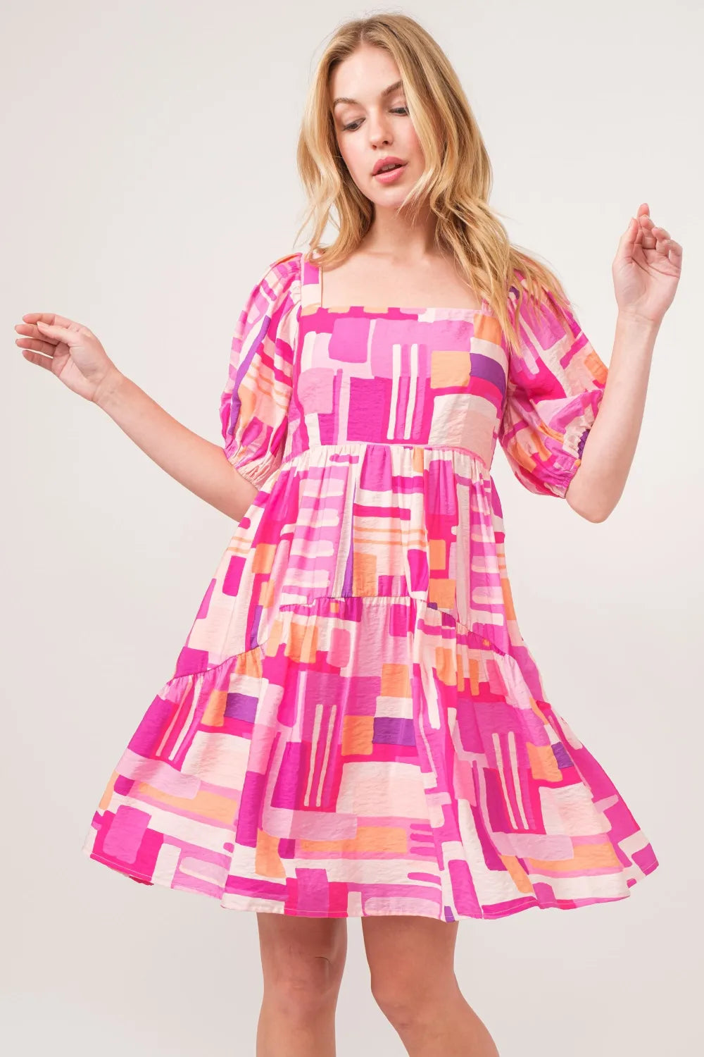 And The Why Color Block Puff Sleeve Dress in Pink Multi