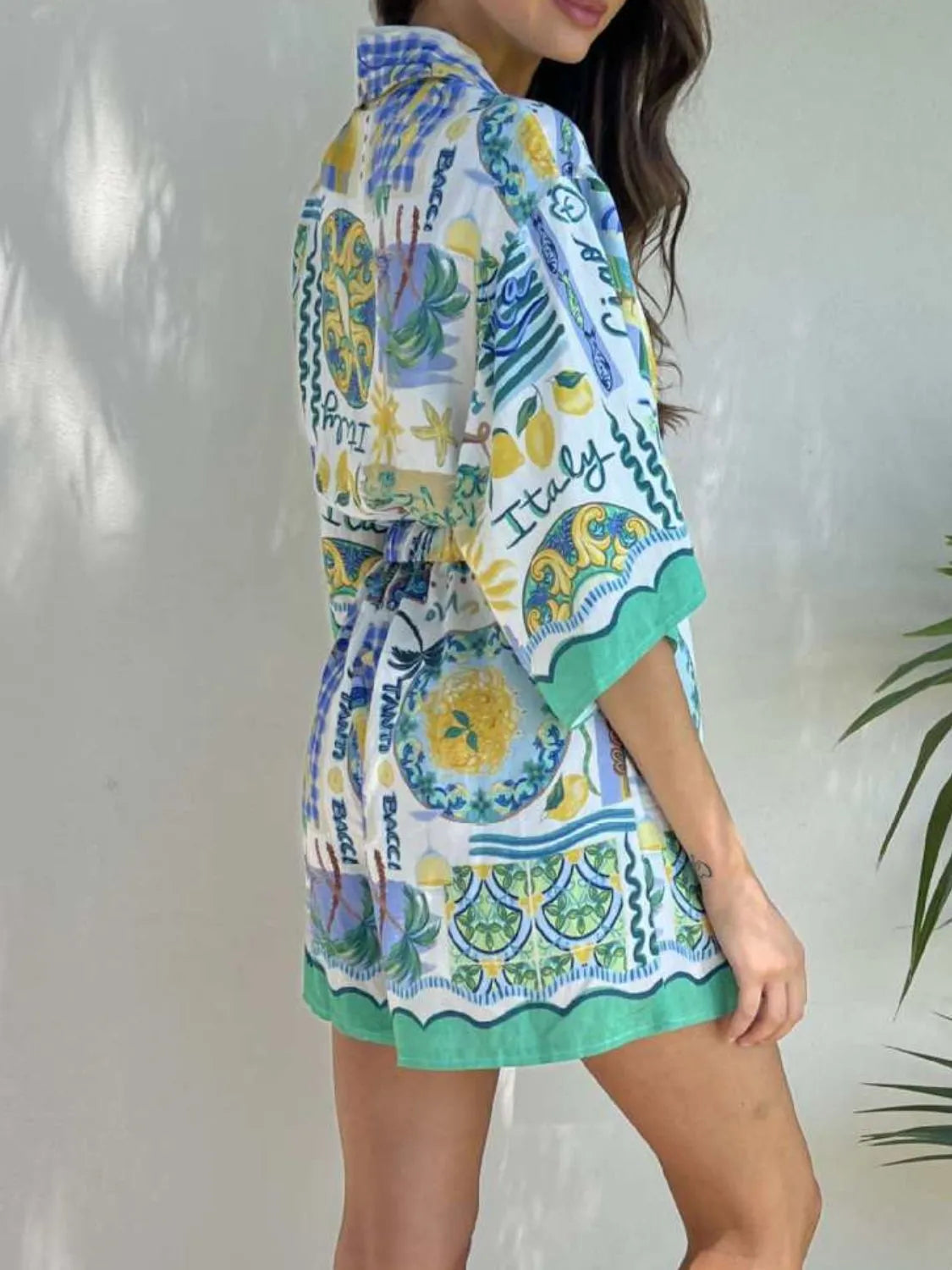 Printed Collared Romper in Turquoise