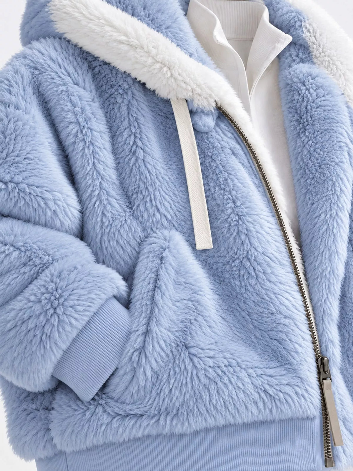 Faux Fur Hooded Zip-Up Jacket in White