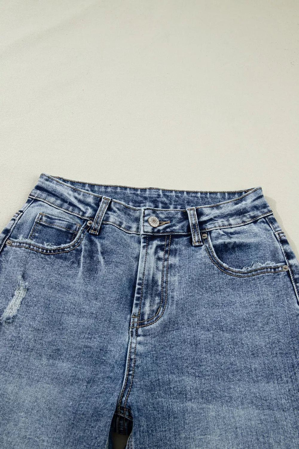 Cuffed Straight-Leg Distressed Jeans in Medium Wash