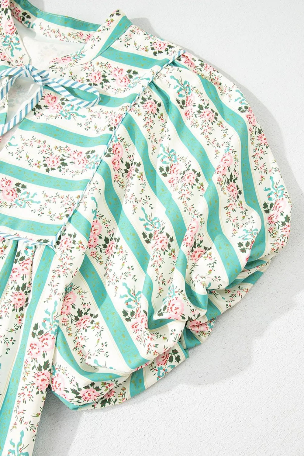 Striped Floral Tie-Neck Puff Sleeve Midi Dress in Sage