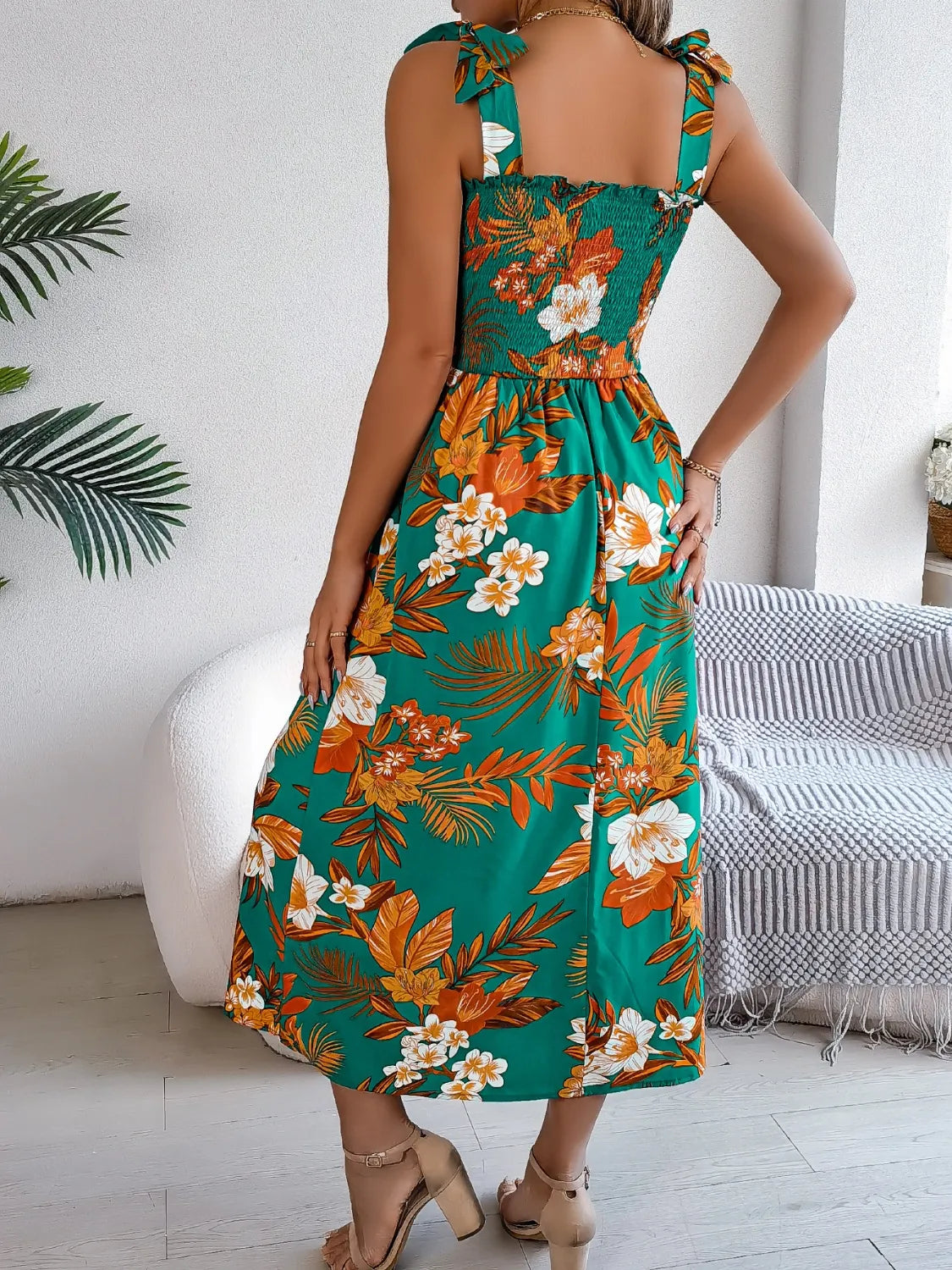 Smocked Floral Tie-Shoulder Midi Dress