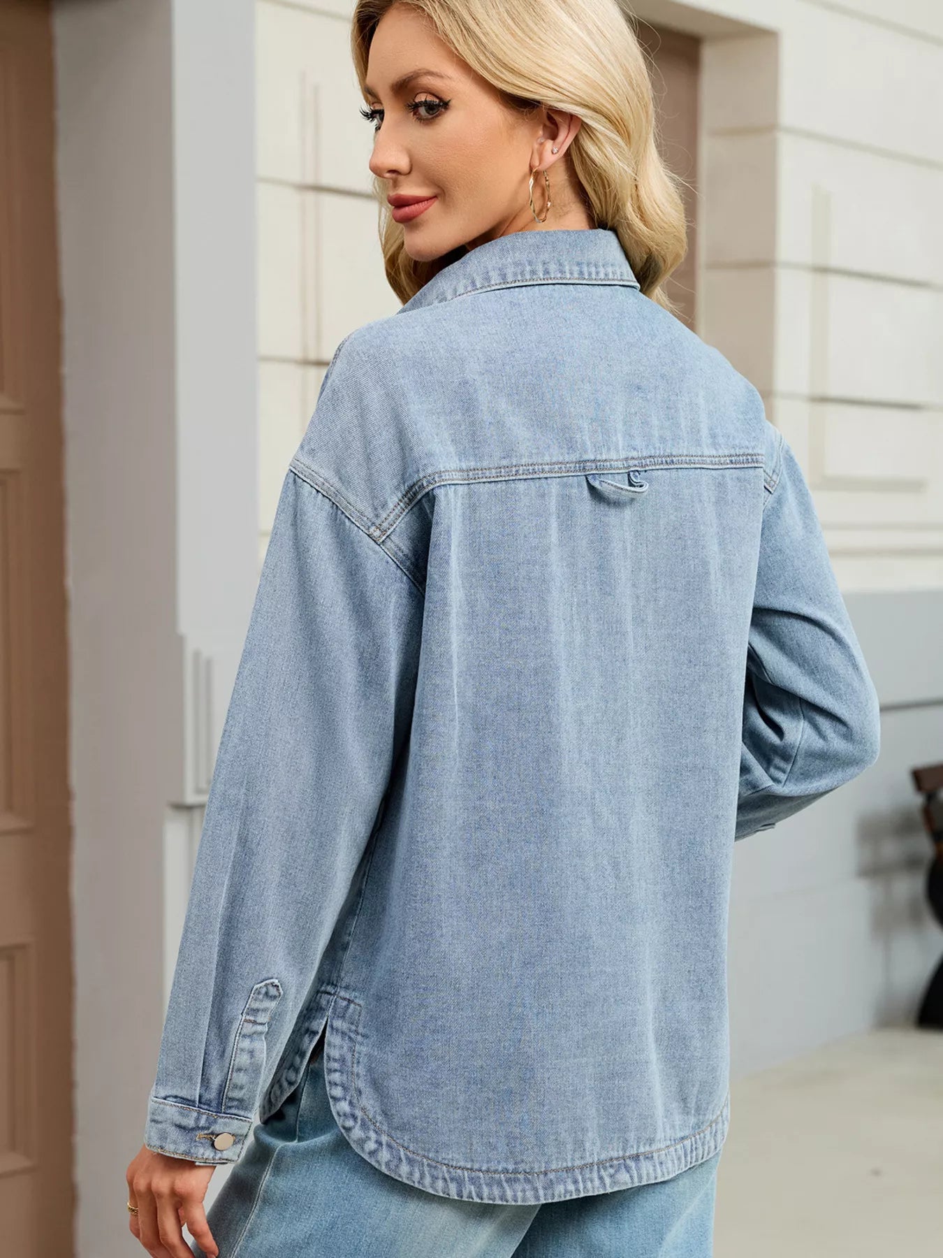Button-Up Dropped Shoulder Denim Jacket with Pockets by Moni Wear