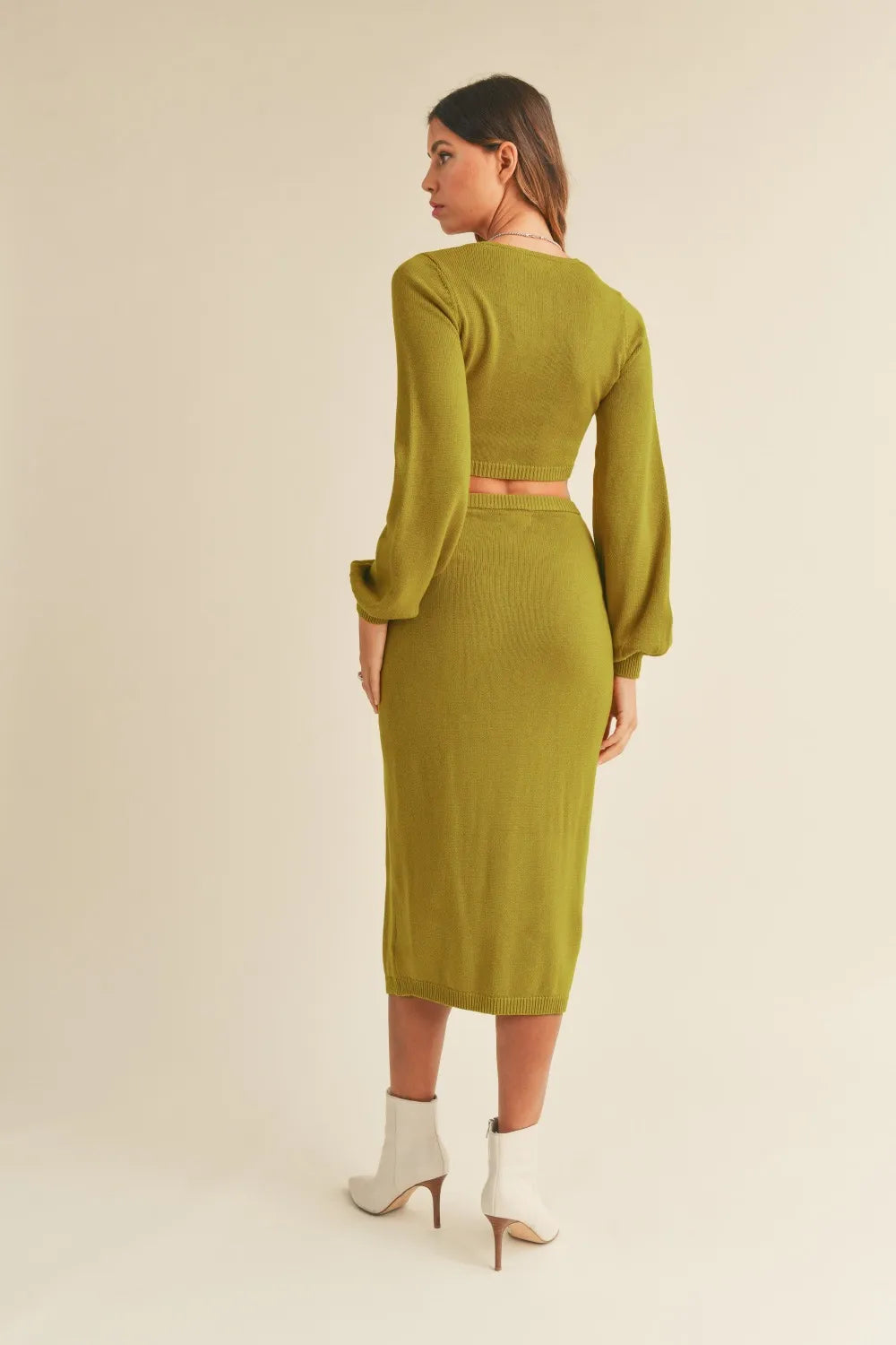 Front Twist Knit Top and Midi Skirt Set in Moss Green