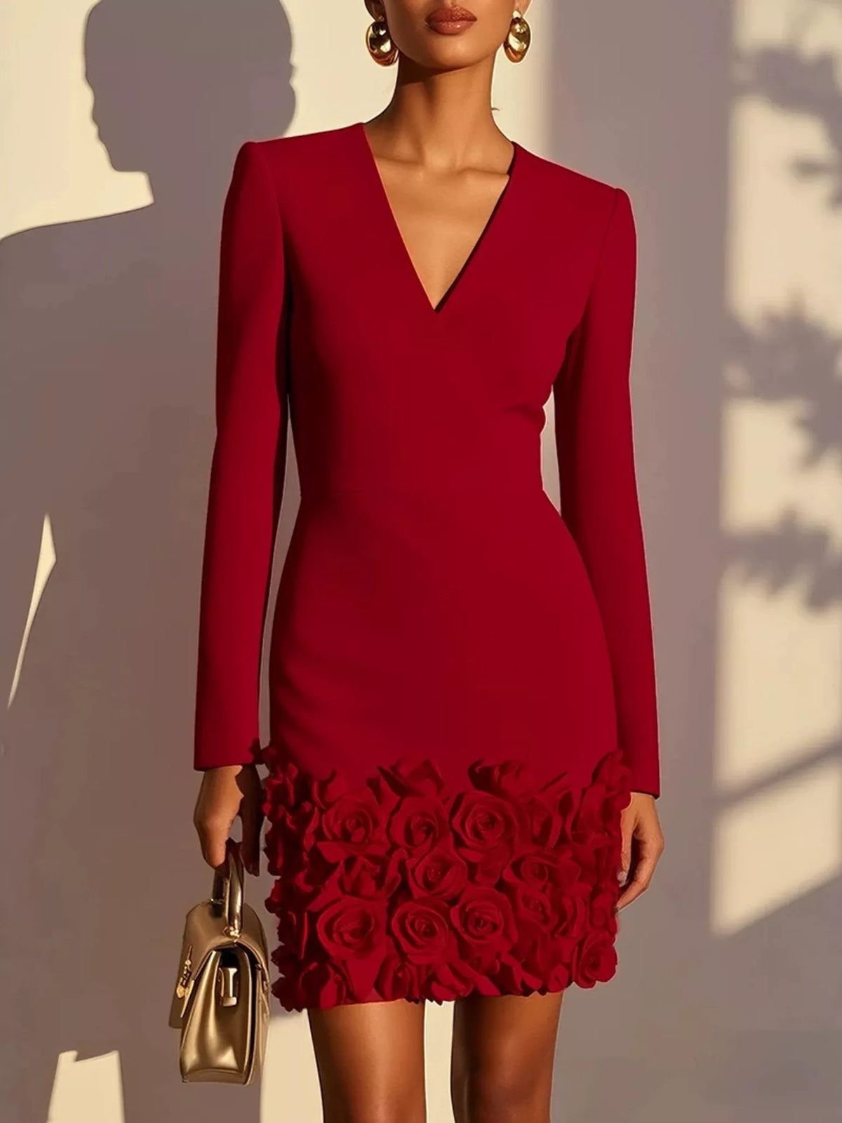 V-Neck Rose Embellished Dress
