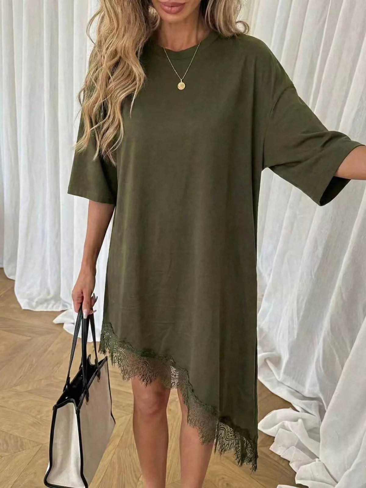 Asymmetrical Hem T-Shirt Dress with Lace Trim
