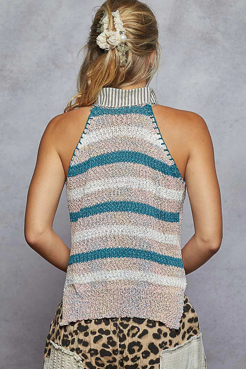 Striped Collar Star Patch Sweater Vest in Light Pink by POL
