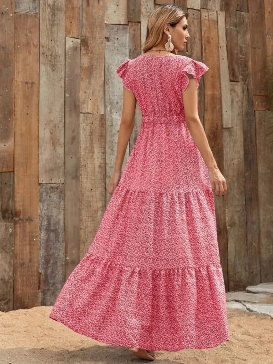 Ruffled Cap Sleeve V-Neck Maxi Dress