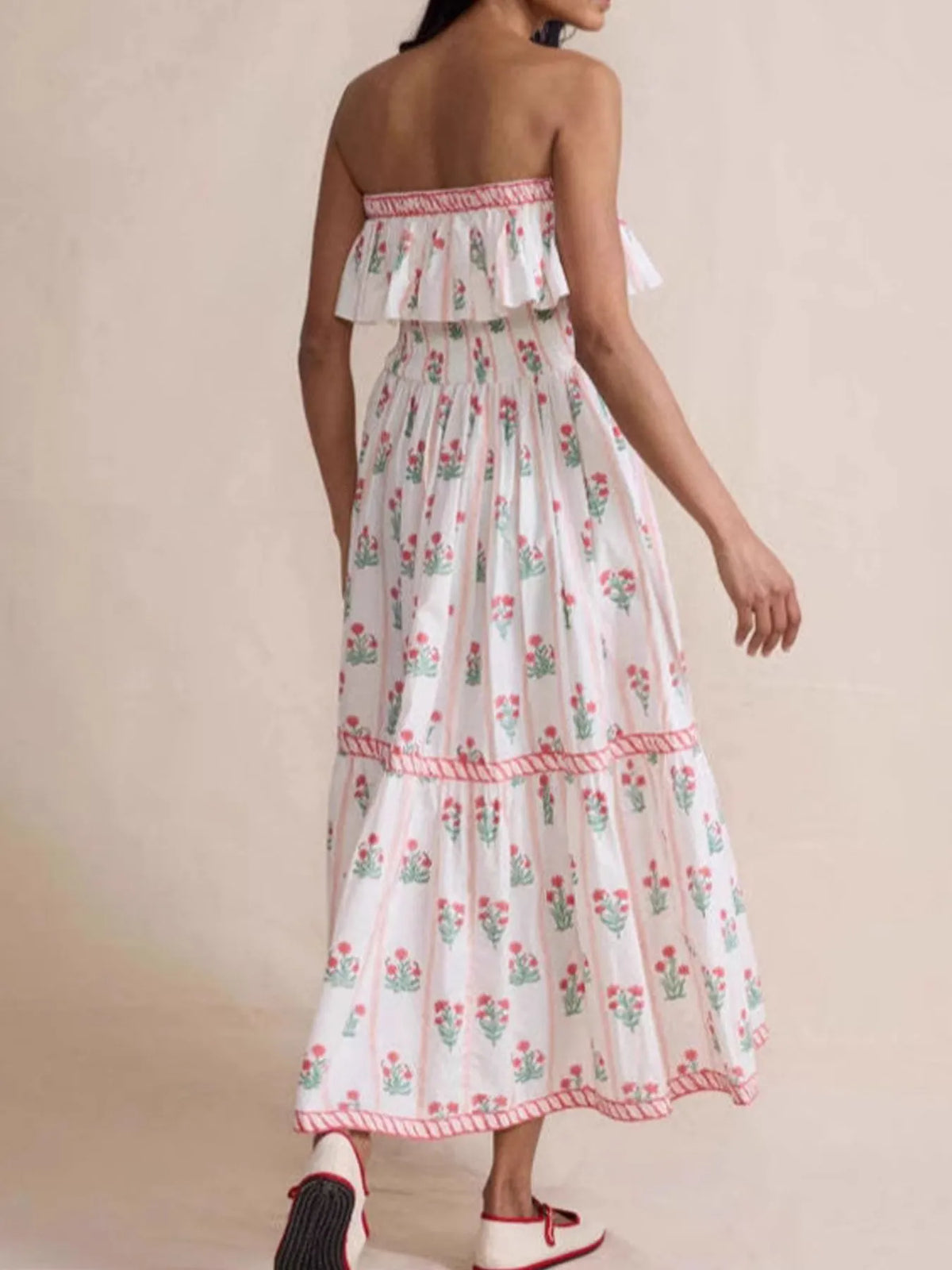 Floral Strapless Ruffle Dress in White