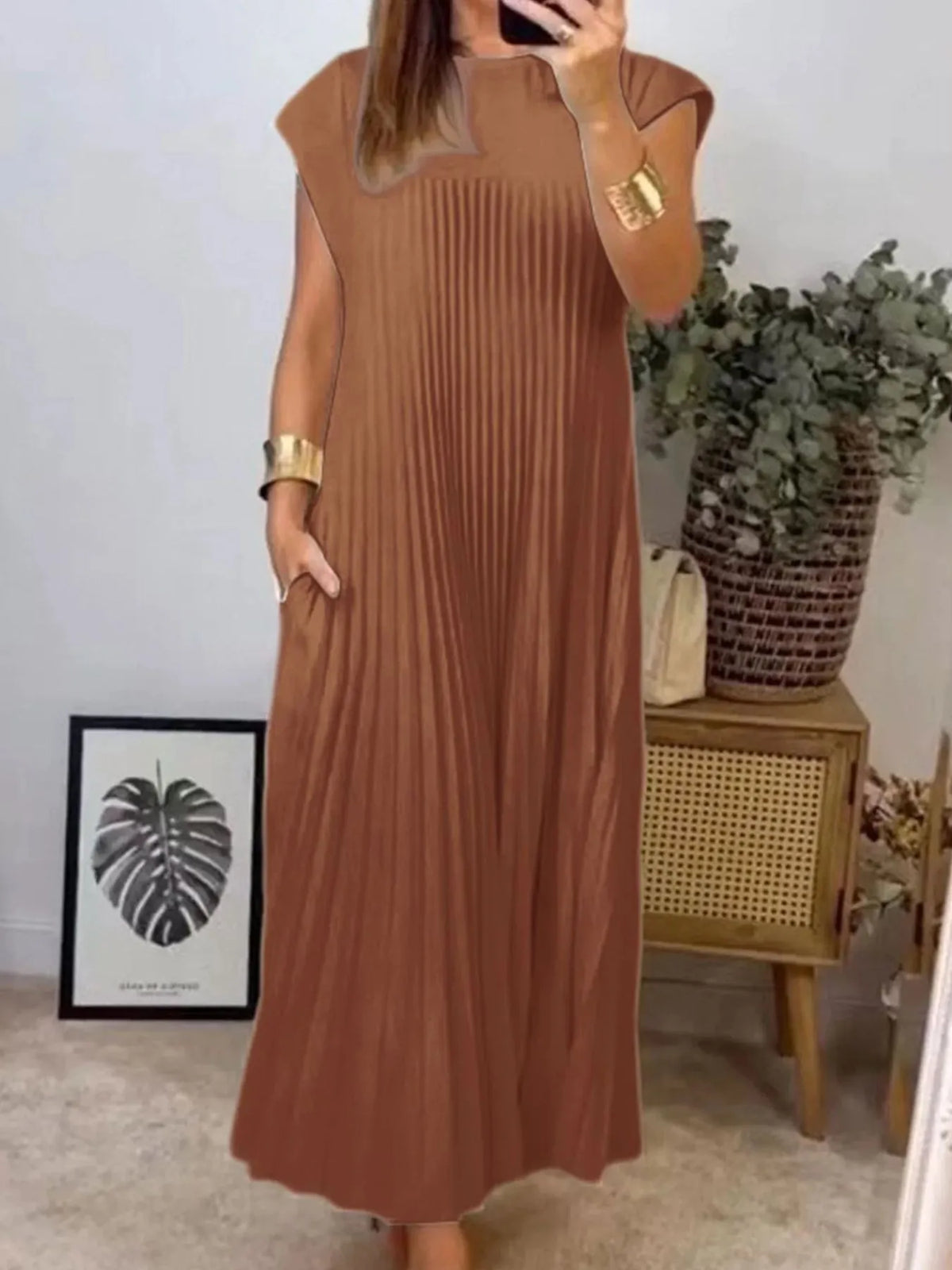 Pleated Round-Neck Maxi Dress with Pockets, Plus Size by Rosaline