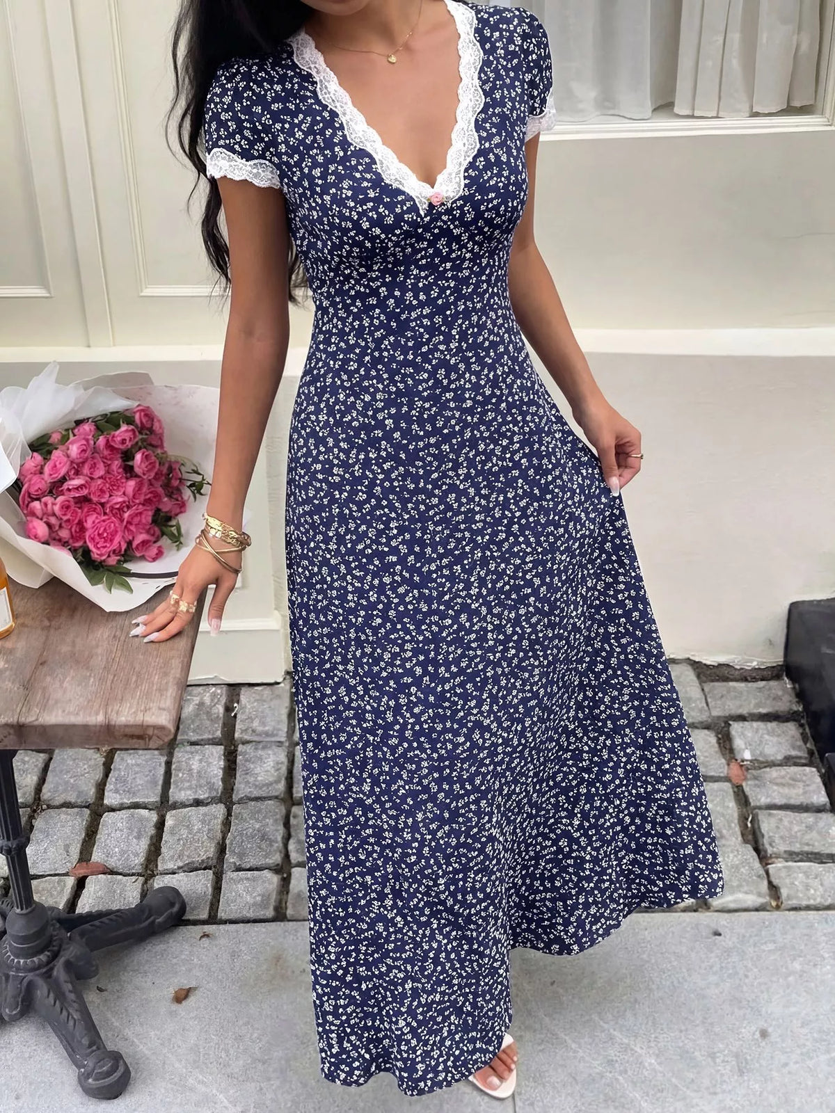 Floral Print Lace Trim Maxi Dress in Navy