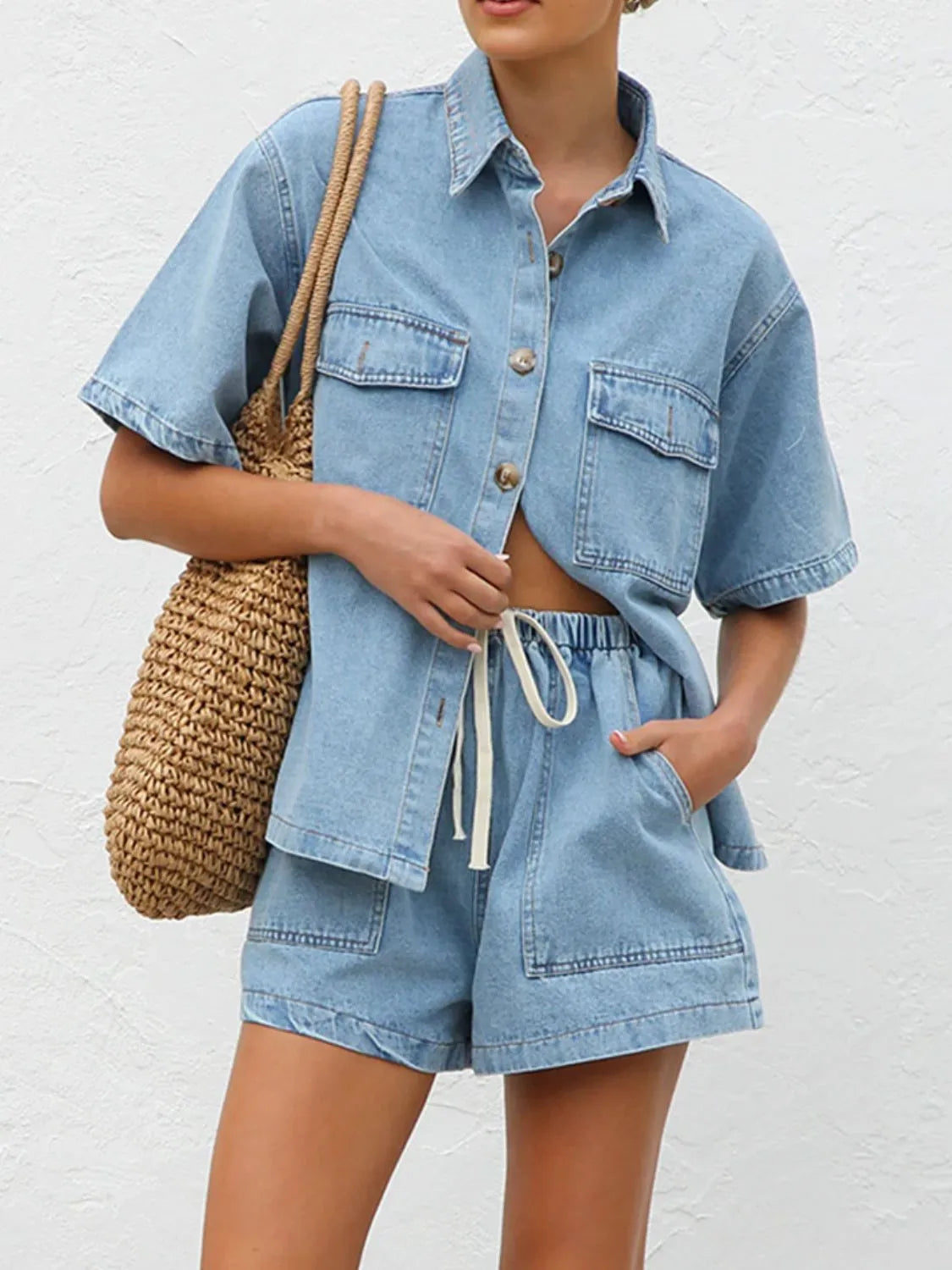 Button-Up Short Sleeve Denim Top and Shorts Set